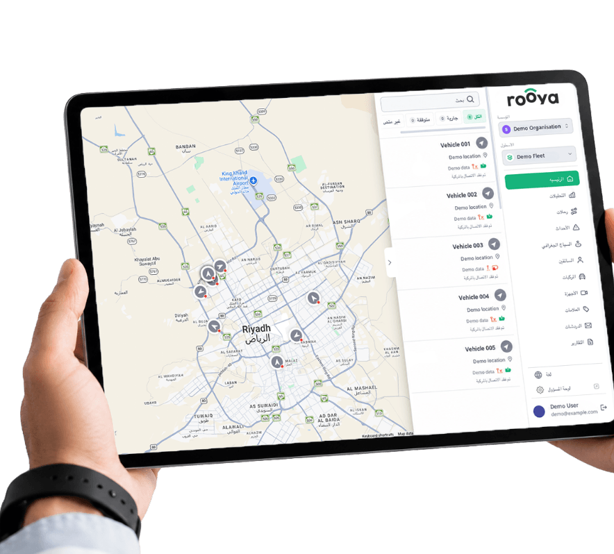 Rooya live fleet view on a tablet