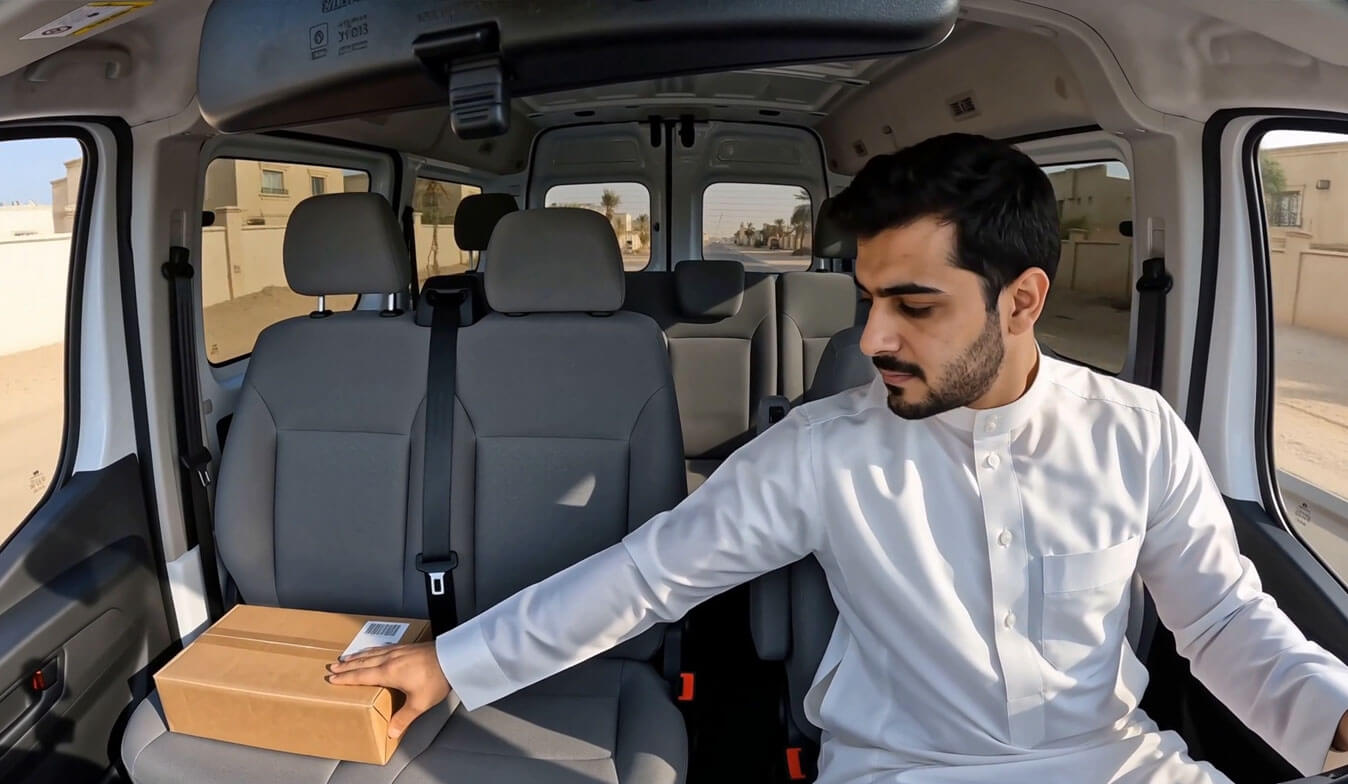 Delivery driver looking away from the road towards a parcel on the passenger seat