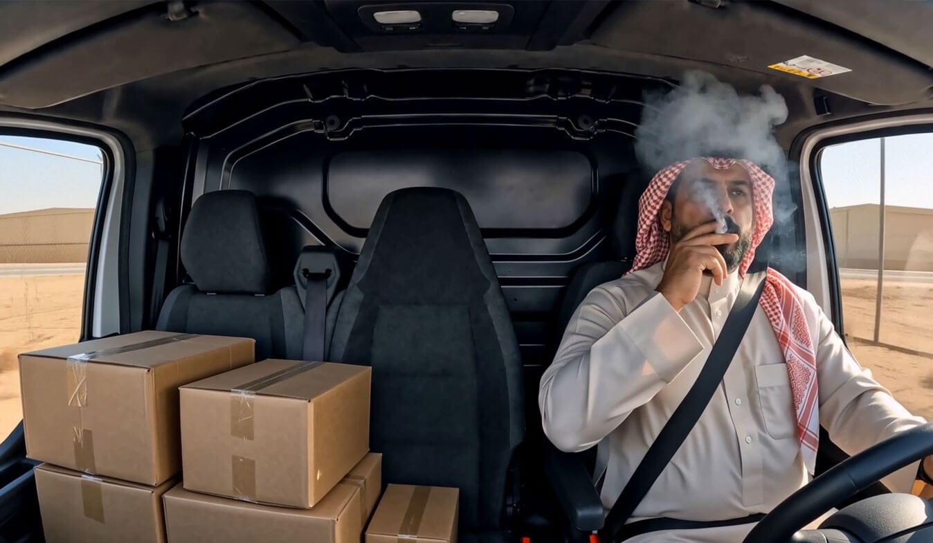 Driver vaping at the wheel of a loaded delivery van