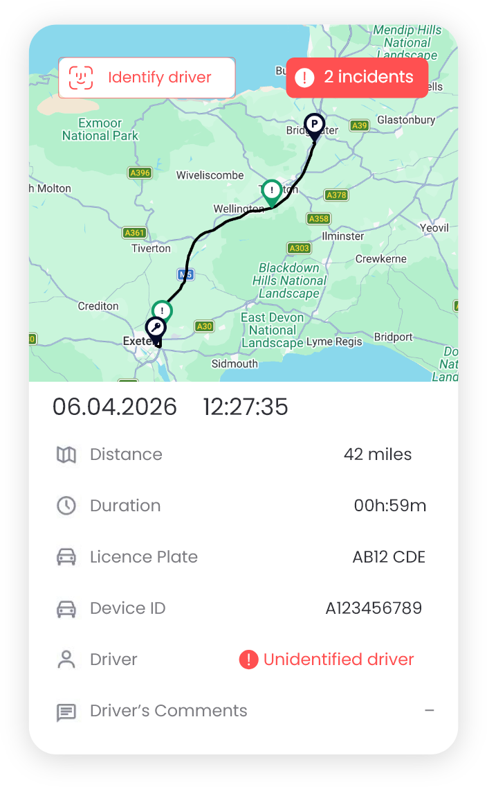 Rooya trip detail: route map, incidents, distance, duration and vehicle data