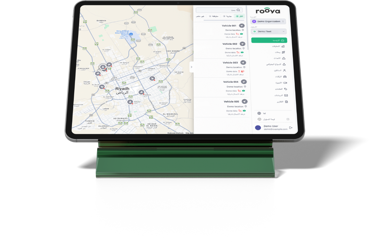 Rooya fleet dashboard on a tablet: vehicle list and live map