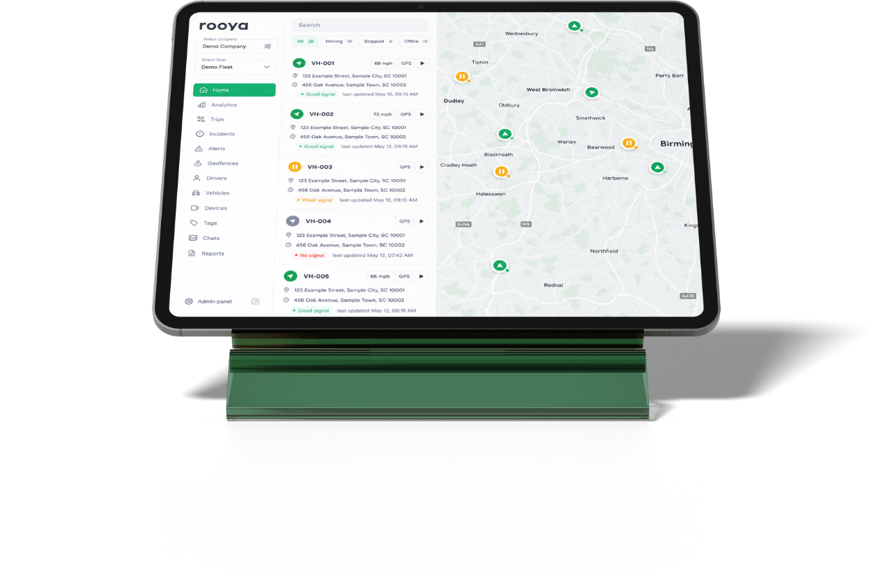 Rooya fleet dashboard on a tablet: vehicle list and live map
