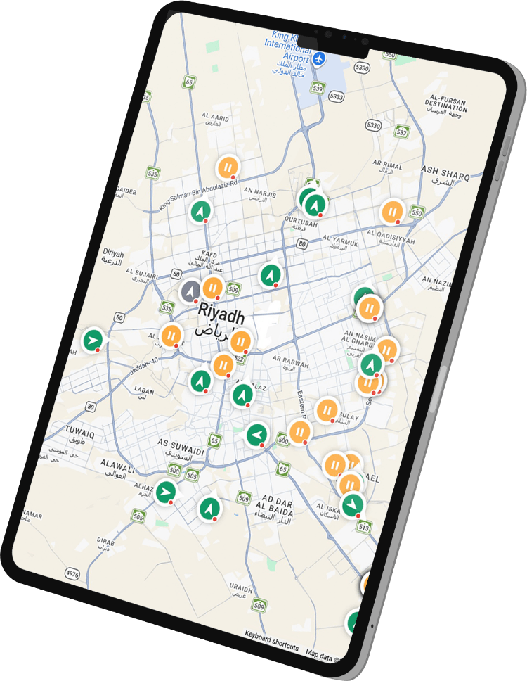 Vehicle detail in Rooya: device ID, locations and the last 24h of trips