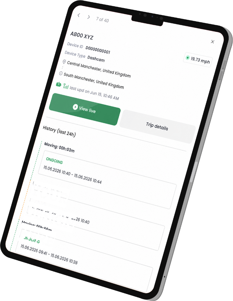 Vehicle detail in Rooya: device ID, locations and the last 24h of trips