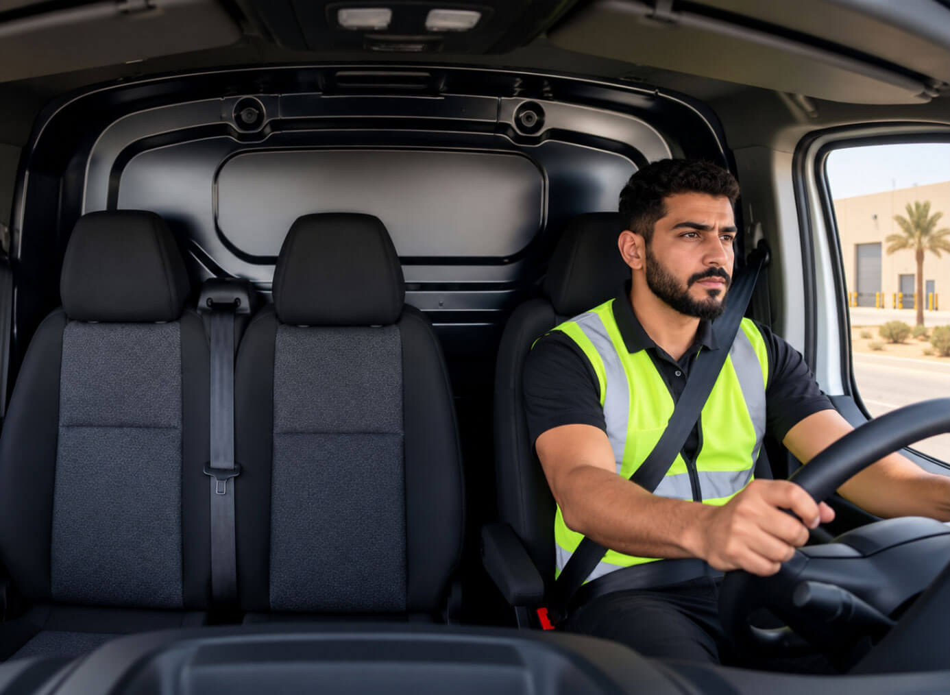 Driver at the wheel of a van, wearing a seatbelt